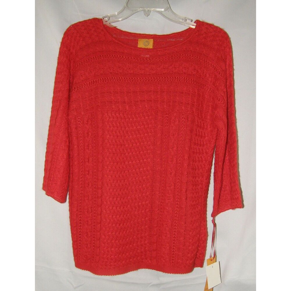 RUBY RD Bright Red Sz Medium Casual or Dress Open Weave Lightweight Sweater NEW